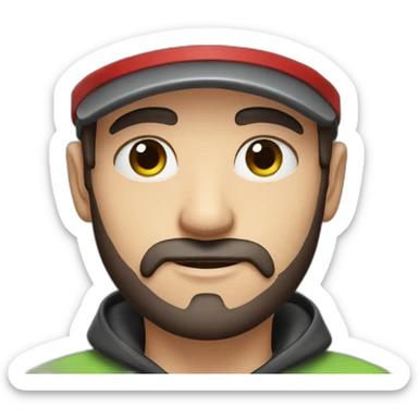 Man, thin face, dark brown beard, 10cm long, up to his nose, protruding ears, green eyes, wearing black and red cap. sticker