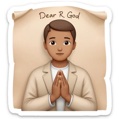 Person with praying hands next to paper with "Dear God" written on it sticker