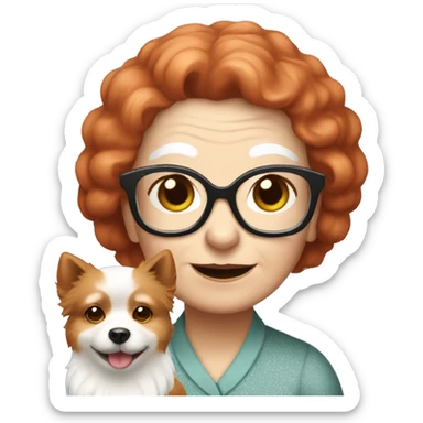 old lady with red hair and glasses holding a cute white pomerania sticker