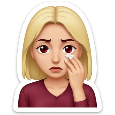Woman in maroon shirt with a tear in her eye  sticker