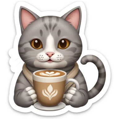 Happy gray Cat holding in its front two paws an hot latte sticker