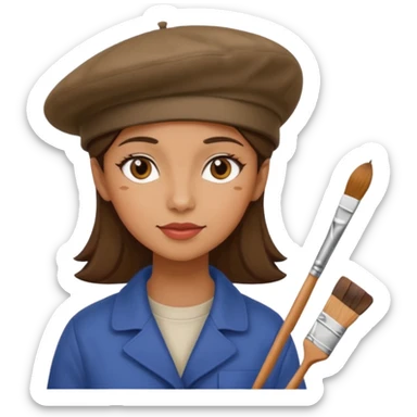 female artist painting at a canvas, wearing a beret sticker