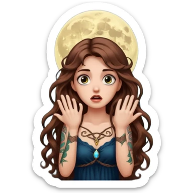 shocked forest mystic woman long wavy brown hair tattoos wide eyes moon glow sticker