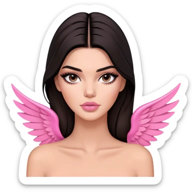 Kendall Jenner model, elongated face, long flowing dark hair, pink glossy lips, pink blush on cheeks, dramatic winged eyeliner, bare shoulders sticker