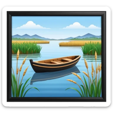 A 3D cartoon small boat floating on estuary water with nearby reeds and a distant horizon, bright lighting, realistic reflections, shown inside a simple wooden photo frame, Memoji-style rendering. sticker