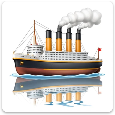 small 3D Titanic ship emoji in Apple style, glossy and bright, with simplified windows and smokestacks, floating on calm ocean, no faces, soft shadows, high-quality render, isolated on white sticker