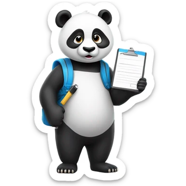Panda wearing a visor with a whistle around its neck and holding a clipboard sticker