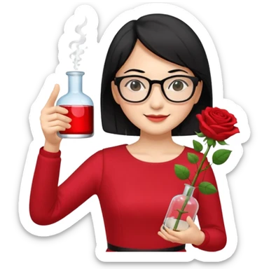 female asian chemistry teacher wearing glasses holdin a flask pointing right with straight short hair to her shoulders wearing a red dress with roses on it and black hair and make the glasses more retangle and make her hold a flash with one hand and with the other point right and make her smile sticker