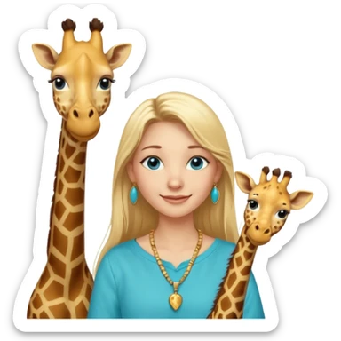 Swedish girl blonde long straigt hair blue eyes turqoise shirt gold earings, girrafe necklace gold small, long lashes smiling closed mouth sticker