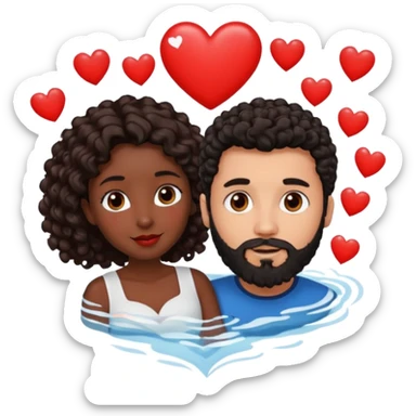 pareja de Mujer morena rizada cabello largo castaño ojos oscuros y hombre blanco cabello negro corto (no es rizado) con barba  y ojos marron al rededor de la pareja corazones sticker