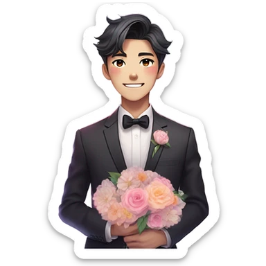 Gorgeous romantic anime style Asian formal modern gentlemanly guy with cat ears and flowers and blushing face aesthetic trending style outside with colorful gradient colors sticker