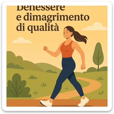 symbolic scene of a woman walking outdoors with confident steps, sporty clothing, harmonious silhouette, happy expression, Italian text: 'Benessere e dimagrimento di qualità', 4K quality sticker