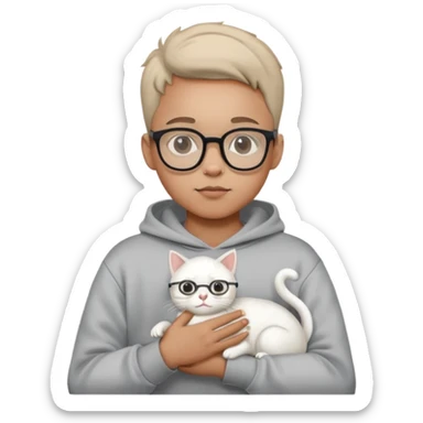 A boy wearing a sweatshirt and glasses holding a white cat sticker