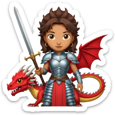 Fierce Latina in armor with a sword next to beheaded dragon sticker