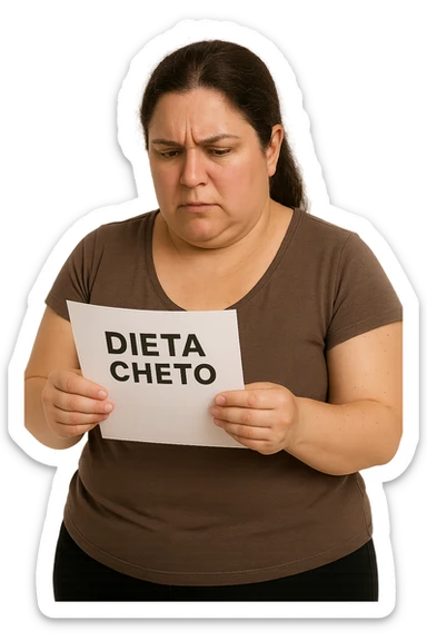 donna realistica leggermente in sovrappeso che legge un foglio con la scritta "dieta Cheto", sfondo bianco, iperrealistica 4k, IPERREALISTICA 4K sticker