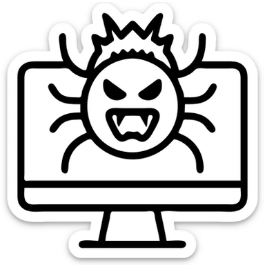 Make the computer virus icon look more dangerous by adding fangs, spikes, and a menacing expression. Keep the bug motif and minimal flat style with no background. sticker