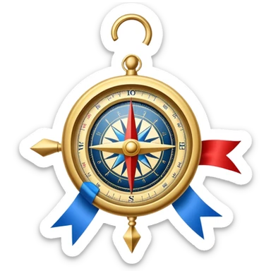 iOS compass with gold trim and blue and red direction markers hanging from a white ribbon sticker