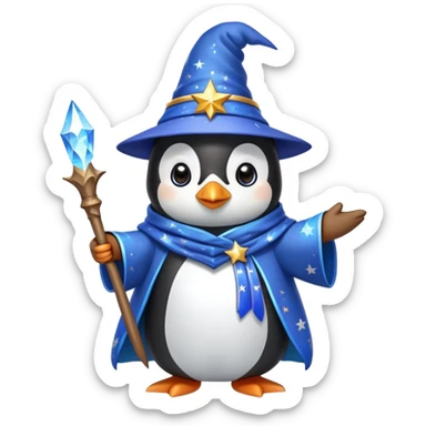 A cute penguin dressed as a wizard with a pointed blue hat with stars, holding a magical wand sticker