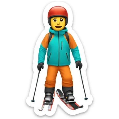 white man skiing wearing a ORANGE JACKET and wearing a RED HELMET and wearing TURQUOISE PANTS sticker