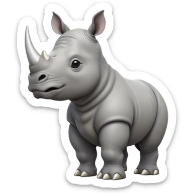 cinematic-rhino-full-body-standing-emoji,white horn, slate grey skin -massive-body-poised-powerfully,-thick-horn-curving-slightly-forward,-head-tilted-dramatically,-rough-grey-hide-covered-in-dust,-simplified-focused-features, large cute black eyes sticker
