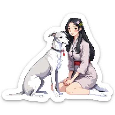 A very beautiful and attractive 25-year-old Chinese woman with long flowing black hair and a pure solid dark grey whippet with ABSOLUTELY NO white markings anywhere on its body sitting under a cherry blossom tree. The whippet must be completely solid dark grey with no white on chest, no white on muzzle, no white on paws - entirely one solid dark grey color. sticker