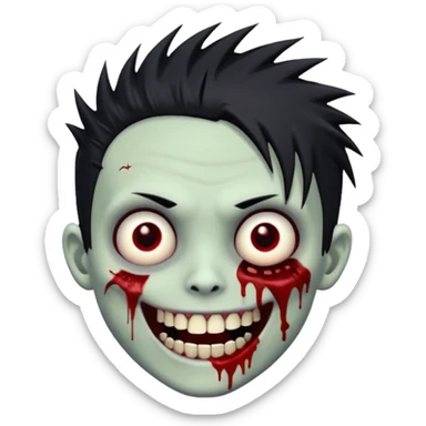 zombie boy with emo spiky hair, white skin, and white eyes; an open smile, and bloodied teeth; sticker