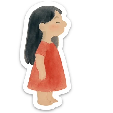 Lilo-inspired girl, watercolor art style, red dress, black hair, soft and dreamy sticker