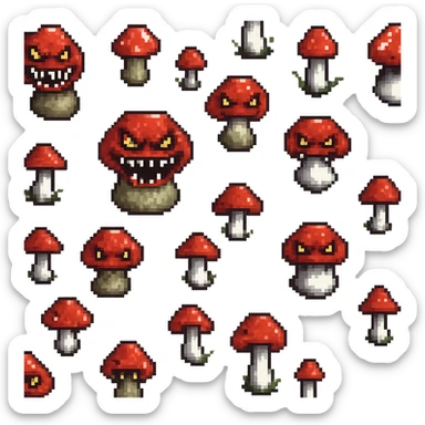 Make the dangerous red-capped mushroom look scarier by adding fangs or a creepy face. Keep the pixel art style and no background. sticker