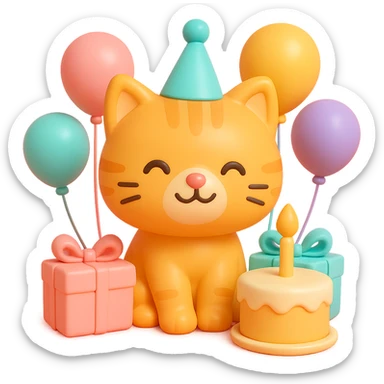 ginger tabby kitten with birthday hat, surrounded by balloons and presents, smiling, birthday cake nearby sticker