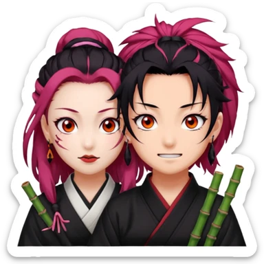 tanjiro: Kind red eyes, black hair with burgundy tips, forehead scar, tanned skin, Hanafuda earrings.                             nezuko:   Pink eyes, black-orange hair, fangs, bamboo muzzle. sticker