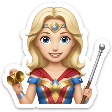Blonde blue eyed Wonder Woman holding white orchestra conductor’s baton and bell sticker