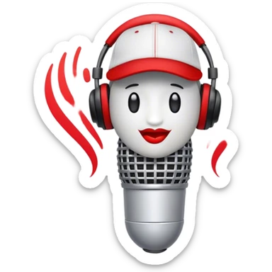 Create a dynamic and energetic emoji that represents beatboxing. The design should feature a stylized microphone with lips and sound waves emanating from it and baseball cap on it, symbolizing vocal percussion and rhythm. Add elements like headphones or a subtle speaker to emphasize the music production aspect. Use bold colors like black, white, and red to convey the intensity and creativity of beatboxing. The background should be transparent. sticker