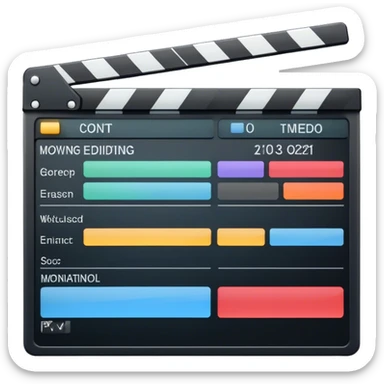 Create an emoji representing video editing. The design should feature a video editing software interface with a visible timeline, video clips, and audio tracks. Include elements like a film strip or a clapperboard to represent the filmmaking aspect. No smiley faces. Make the background transparent. sticker