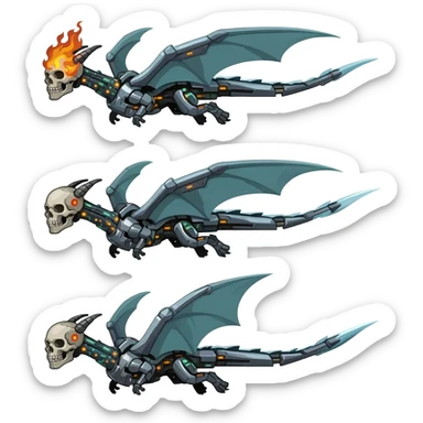 A sprite sheet of a cybernetic dragon with a burning skull head, show all 3 stages of him flying with no back ground, show the 3 stages of him flying in a row, with changing wing positions for each stage of flying, all 3 must be pointing right sticker