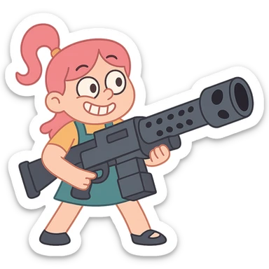 funny, positive stalker girl named Businka with a huge machine gun sticker