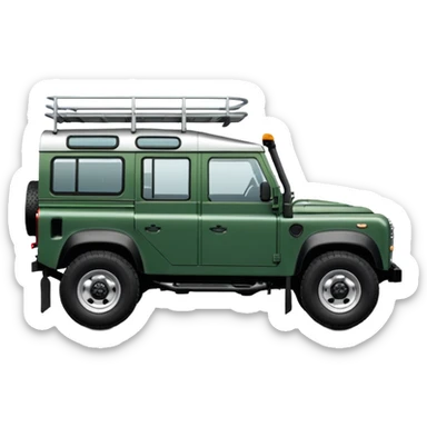 Land Rover Defender 110 2.4Tdci in Aintree Green with silver alloy wheels and black roof rack, emoji style, side view sticker
