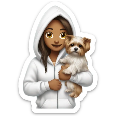 A brunette girl with long hair in white fur headphones in a white hoodie holds a Yorkshire terrier puppy in her arms sticker