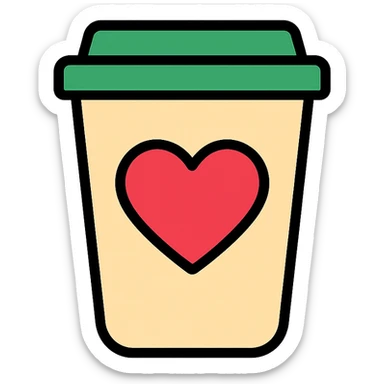 icon-style illustration of a Starbucks cup with a heart symbol, combining themes of love and coffee sticker