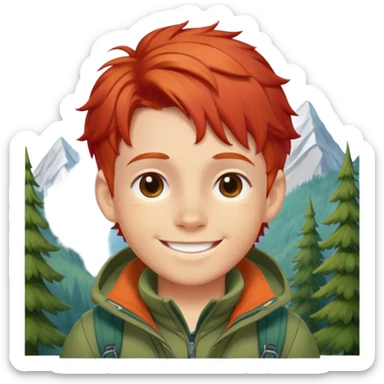 smiled boy's mountain clothes whit red hair sticker