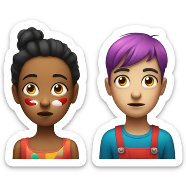 very very Annoyed girl next to boy with a clown face sticker