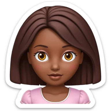 Boneca digital em estilo 3D realista e fofo, semelhante a uma boneca colecionável. Mulher jovem com pele negra, olhos castanhos escuros, cabelo liso cor chocolate, longo e bem alinhado.  sticker