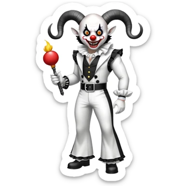 full-body muscular demonic clown in black and white leisure suit with bellbottom pants, bald, black ram horns, flashy black and white belt, ruffled white shirt, no neck tie, large fangs sticker