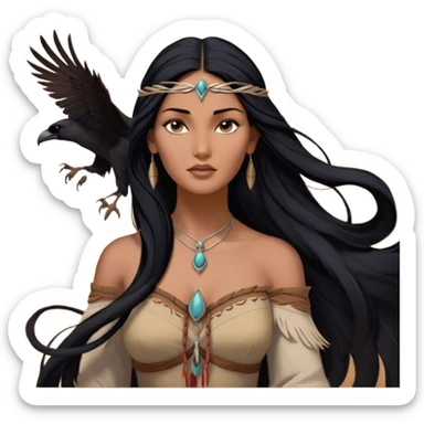 Cinematic Realistic Pocahontas Portrait, depicted with lifelike skin texture, soft natural lighting, and intricately detailed long, flowing raven-black hair that moves gracefully in the wind. Her deep, soulful dark brown eyes exude wisdom and strength, complemented by a serene yet powerful expression. She is shown gently holding a feather in one hand, her other hand resting lightly at her side, embodying the harmonious balance between nature and herself. She is dressed in her classic one-shoulder native American dress, with rich fabric textures and delicate beaded details that catch the light beautifully. The portrait features a soft, sun-kissed glow with a natural, radiant finish, capturing the essence of untamed beauty and deep connection to nature in a realistic and painterly style, evoking a sense of depth and authenticity. sticker