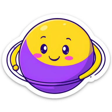 fantasy yellow planet with colorful rings and a cute happy face sticker