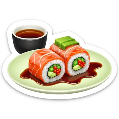 sushi roll on plate with green wasabi blob and small red chili sticker