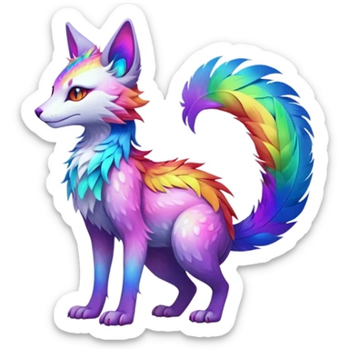 Kawaii neon colorful with feathers-ears rainbow iridescent fantasy ethereal feline-vernid-sergal-fursona animal creature with a tufted tail full body with intricate markings sticker