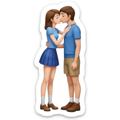 A naked girl with brown hair and bare small breasts openly kisses a tall guy with brown hair full-length on the lips. she is with naked boobs She is wearing a very short skirt and is in full height. sticker