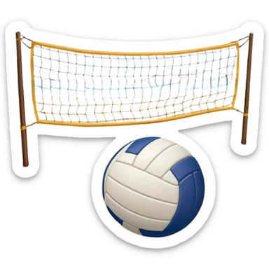 A volleyball resting on the sand on a beach, with the net in the background and a scenic view of the ocean and sky. The scene captures the relaxed yet competitive vibe of beach volleyball, with warm sunlight and the natural beauty of the beach. sticker