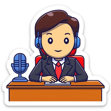 news anchor reporting at desk with microphone sticker