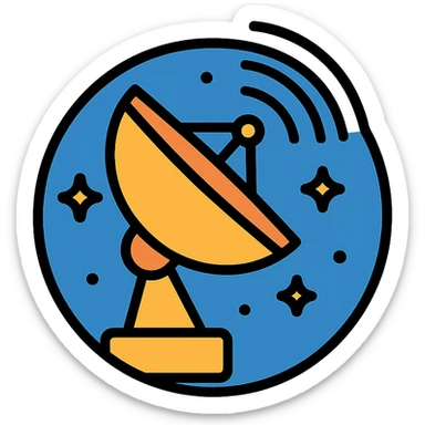 NASA-style symbolic logo for search for extraterrestrial intelligence, featuring radio telescope dish, signal waves, starry background, clean modern emblem style sticker